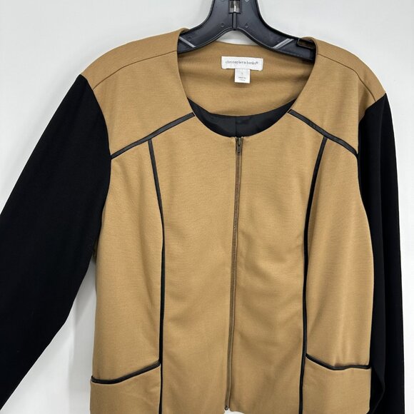 3/$25 Christopher & Banks Ponte Knit Blazer Jacket L Color Block Zip Up Tan - Picture 5 of 8